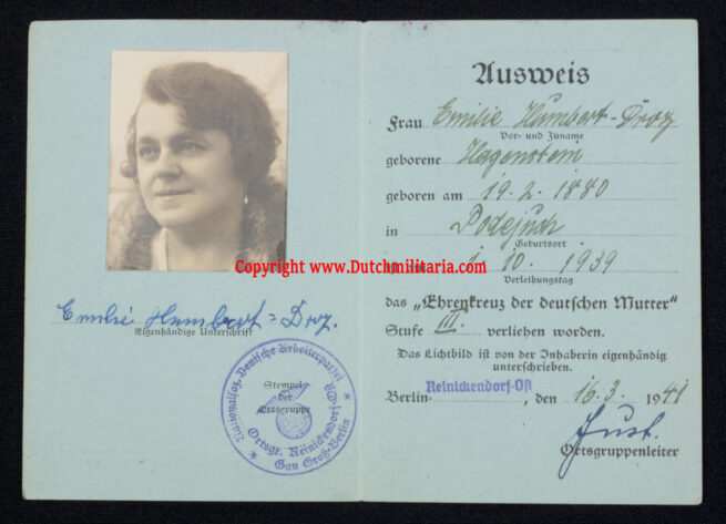 Mutterkreuz Motherscross Ausweis (1941) - RARE