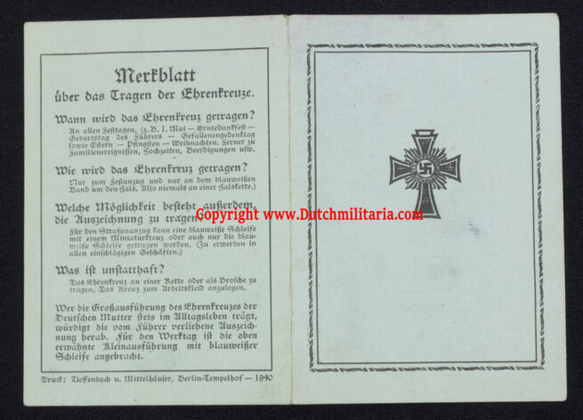 Mutterkreuz Motherscross Ausweis (1941) - RARE