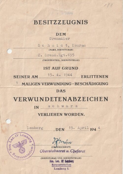 Besitszeugnis Verwundetenabzeichen in Schwarz (1944)