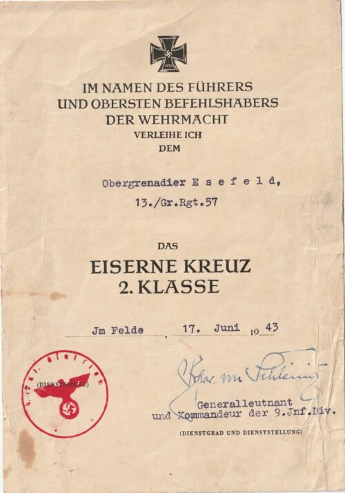 Eiserne Kreuz 2. Klasse (Ek2) Iron Cross second Class Urkunde (1943)