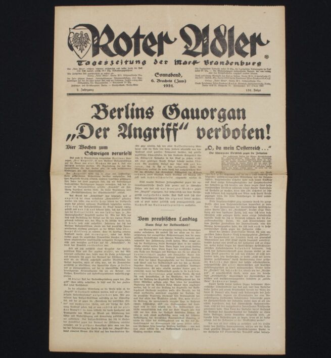 (Newspaper) Roter Adler- Tageszeitung der Mark Brandenburg 6. Juni 1931