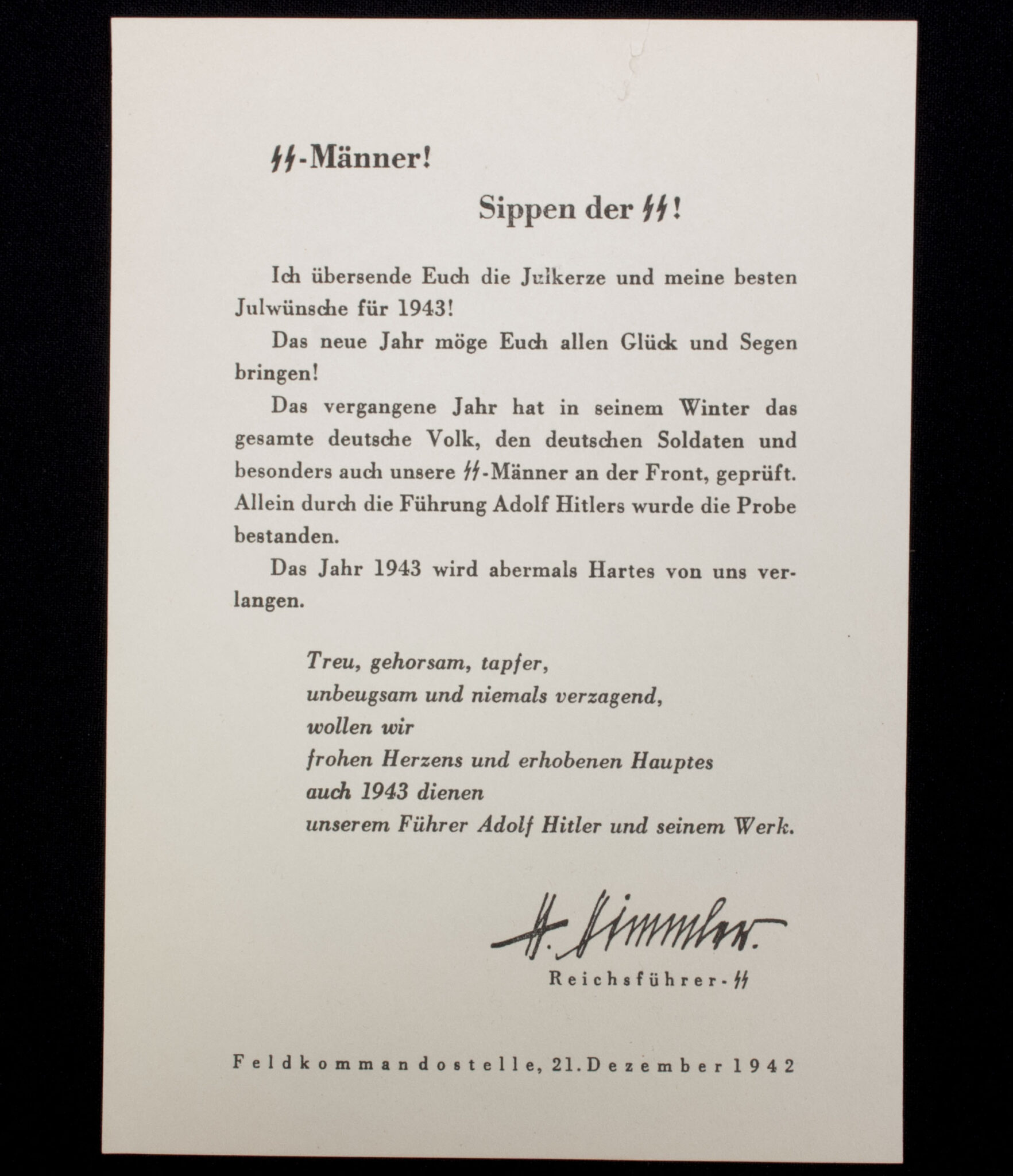 Der Reichsführer-SS Julkerze document (1943) - extremely rare