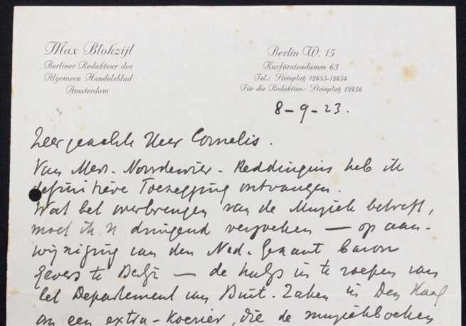 (NSB) Max Blokzijl - Handwritten letter as Berliner Redakteur (1923) - rare