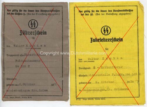 (Passes) SS-Rottenführer Walter Kasten SS-Fuhrerschein + SS Fahrlehrerschein (SS-Brigade Nederland) - rare