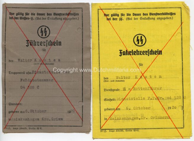(Passes) SS-Rottenführer Walter Kasten SS-Fuhrerschein + SS Fahrlehrerschein (SS-Brigade Nederland) - rare