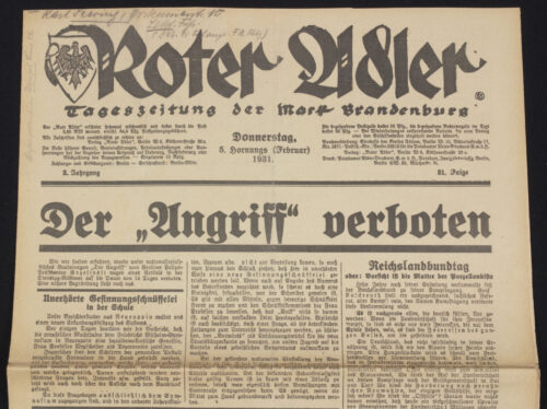 (Newspaper) Roter Adler- Tageszeitung der Mark Brandenburg 5. Februar 1931