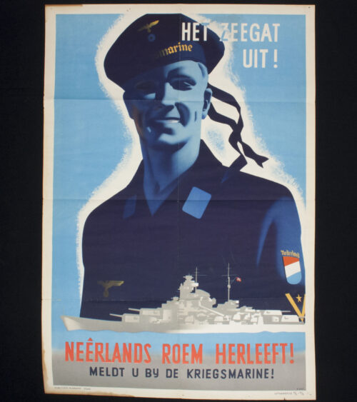 (Dutch NSBVolunteer Poster) Het Zeegat uit! Neerlands roem Herleeft! Meldt u bij de Kriegsmarine! - Extremely rare