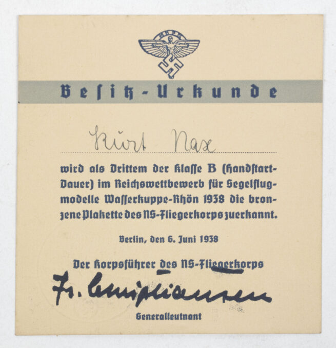 Cased Nationalsozialistisches Fliegerkorps (NSFK) Reichswettbewerb für Segelflugmodelle Wasserkuppe-Rhön plaque in gold #22 (1938) - very rare