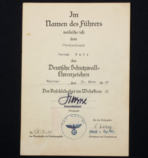 Deutsches Schutzwall Ehrenzeichen Urkunde Westwall medal Citation (1940)