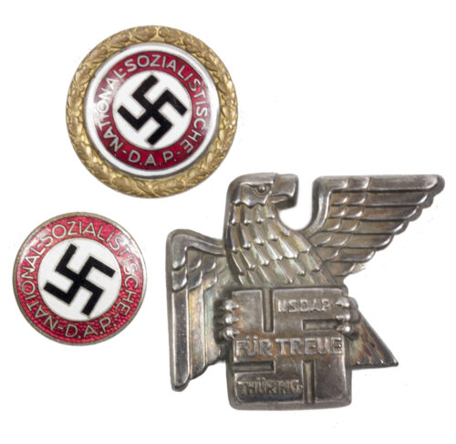 NSDAP Gold partybadge (GPB) #30187 (Goldenes parteiabzeichen) + Silver Gauabzeichen Thüringen #99 from SA-Truppführer Hermann Werner - Extremely rare