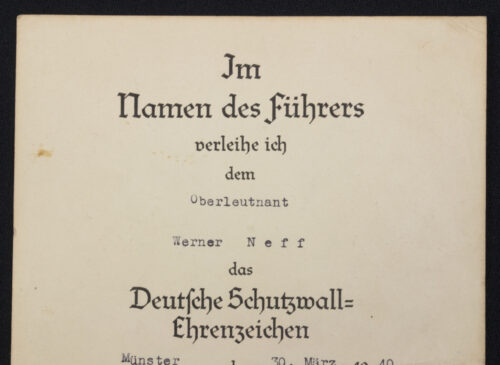 Deutsches Schutzwall Ehrenzeichen Urkunde Westwall medal Citation (1940)