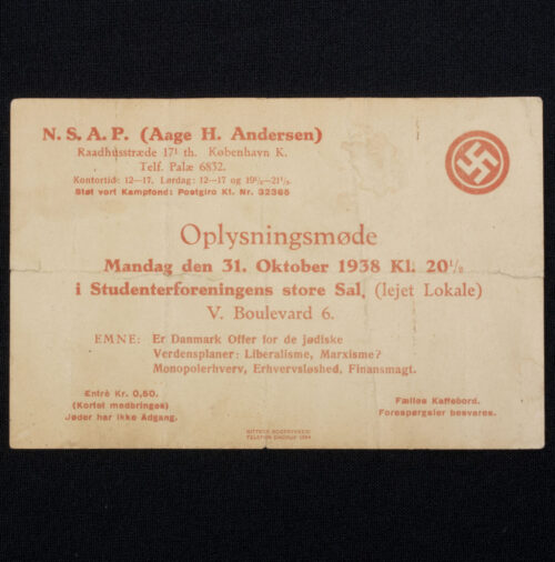 (Denmark) Danmarks Nationalsocialistiske Arbejderparti - N.S.A.P (Aage H. Andersen) Oplysningsmøde card (1938)