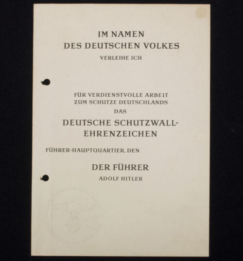 Deutsches Schutzwall Ehrenzeichen Urkunde Westwall medal Citation (unusednot filled in)
