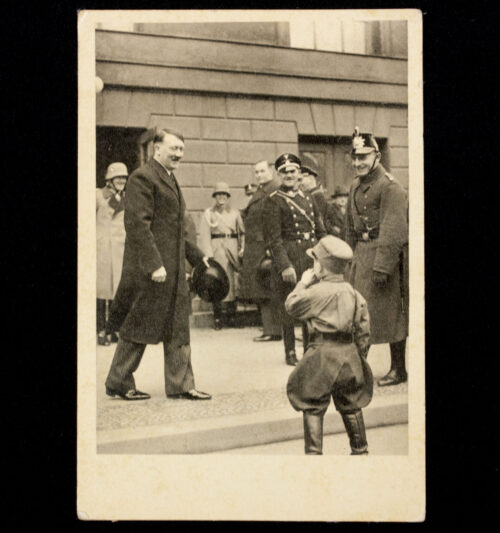 (Postcard) Adolf Hitler with Sa boy and police
