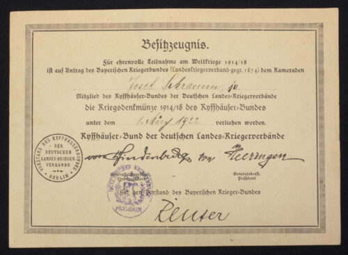 Kriegsdenkmünze 19141918 des Kyffhäuserbundes + Besitszeugnis