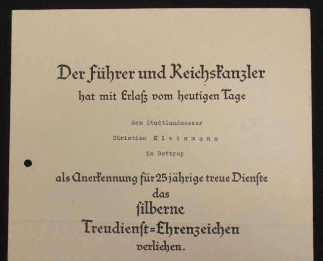 (Citation) Silberne Treue Dienst Ehrenzeichen 25 Jahre Urkunde (1939)