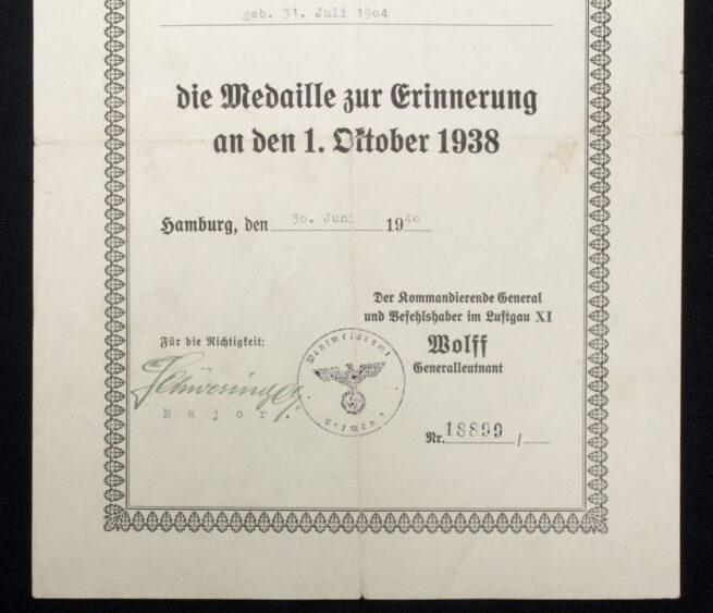 Medaille zur Erinnerung an den 1. Oktober 1938 urkundecitation