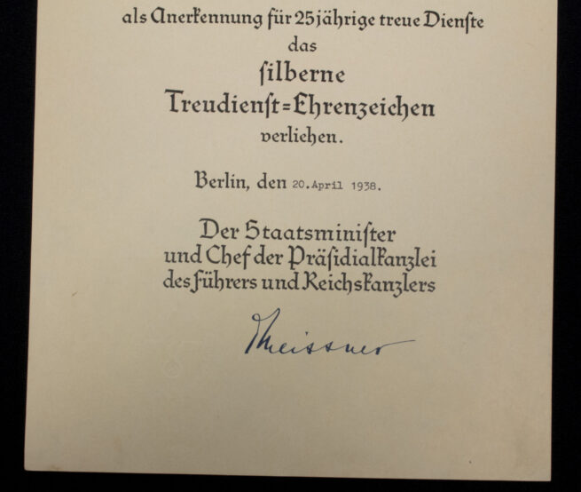 (Citation) Silberne Treue Dienst Ehrenzeichen 25 Jahre Urkunde (1938)
