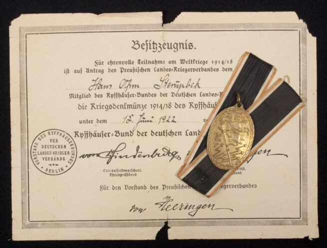 Kriegsdenkmünze 1914/1918 des Kyffhäuserbundes + Besitszeugnis