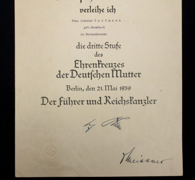 Mutterkreuz dritte Stufe Urkunde Motherscross third class citation - 21. Mai 1939