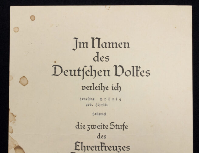 Mutterkreuz zweite Stufe Urkunde Motherscross second class citation - 1. Oktober 1939