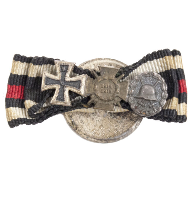 Buttonhole ribbonbar with Iron Cross, Frontkämpfer Ehrenkreuz, silver Woundbadge