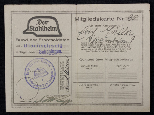 Stahlhelmbund - Bund der Frontsoldaten Mitgliedskarte (Gau Braunschweig)