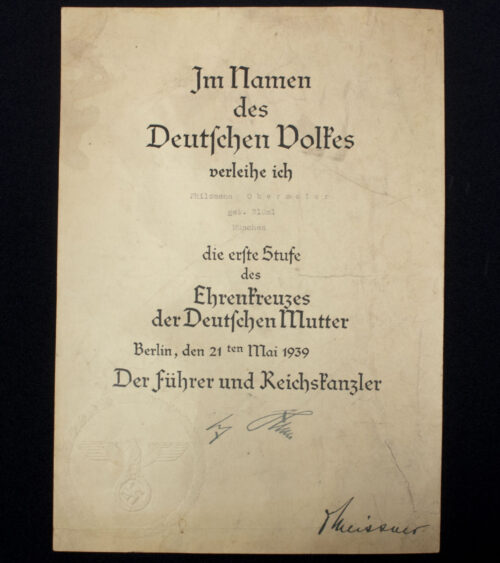 Mutterkreuz erste Stufe Urkunde Motherscross first Class citation - 21ten Mai 1939