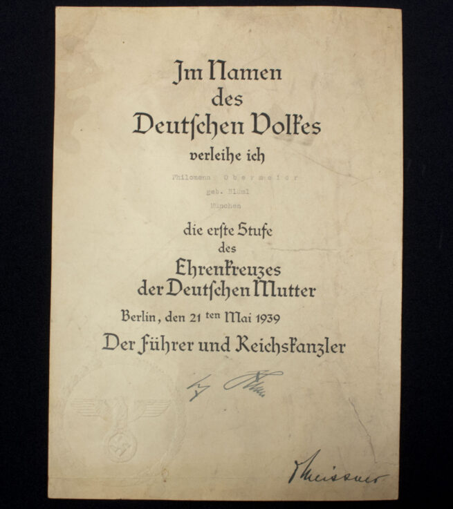 Mutterkreuz erste Stufe Urkunde Motherscross first Class citation - 21ten Mai 1939
