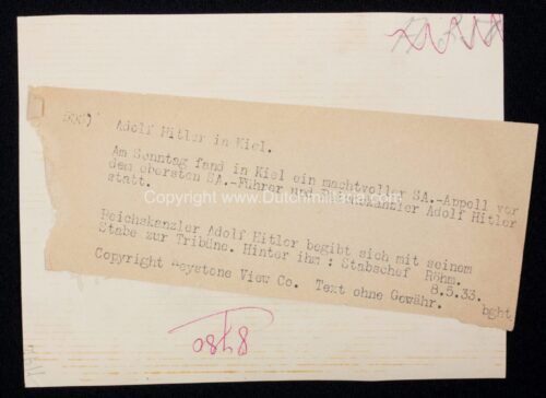 (Pressphoto) Adolf Hitler in Kiel (With Ernst Röhm!) (1933) (16,5 x 12,5 cm) - Rare