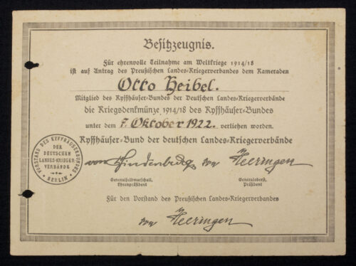 Kriegsdenkmünze 19141918 des Kyffhäuserbundes + Besitszeugnis