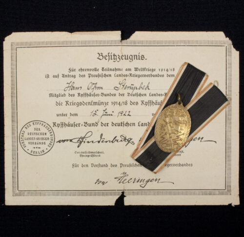 Kriegsdenkmünze 1914/1918 des Kyffhäuserbundes + Besitszeugnis