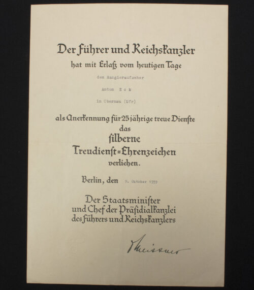 (Citation) Silberne Treue Dienst Ehrenzeichen 25 Jahre Urkunde (1939)