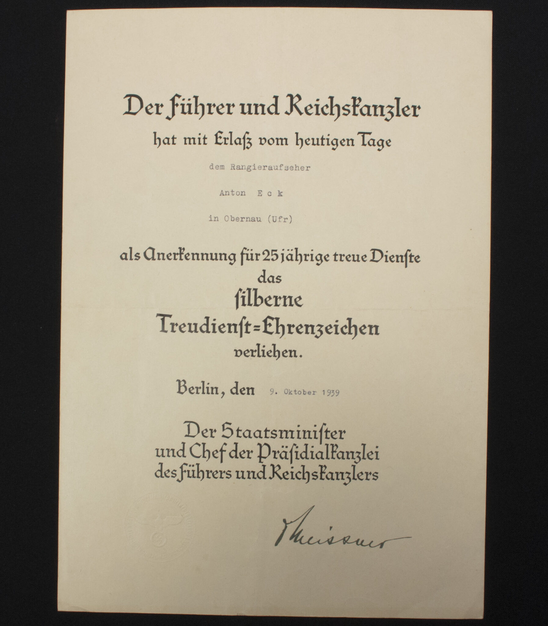 (Citation) Silberne Treue Dienst Ehrenzeichen 25 Jahre Urkunde (1939)