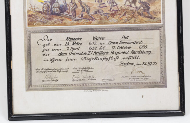Framed I.Artillerie Regeiment Regensburg luxuary citation (1935)