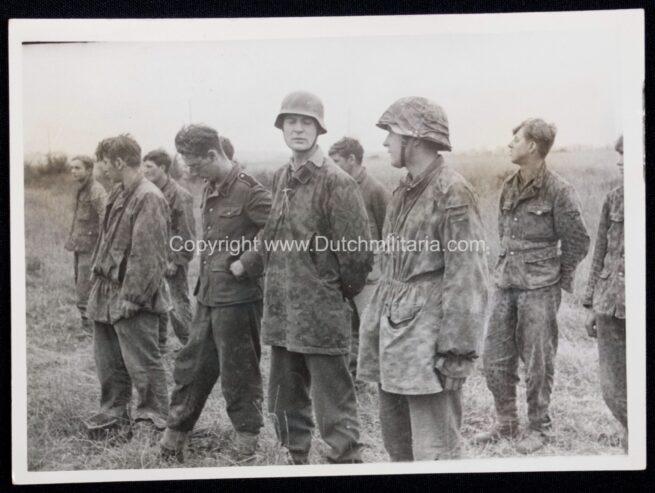 (Pressphoto) Captured Normandy 12.SS-Panzer-Division "Hitlerjugend" members (16,5 x 12 cm) showing a SS smock in palmen camo- very rare