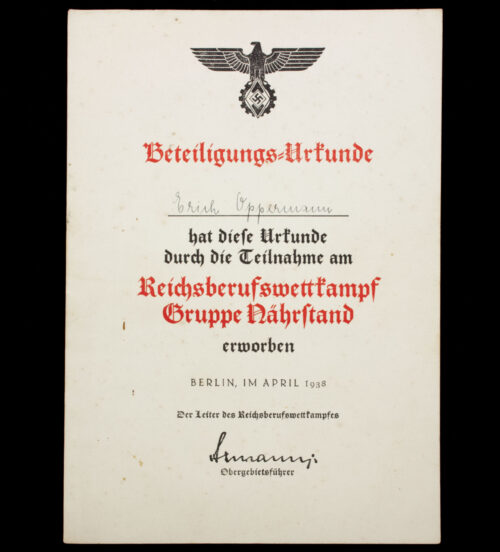 Hitlerjugend (HJ) Beteiligungsurkunde 1938