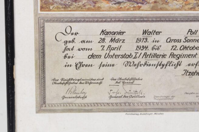 Framed I.Artillerie Regeiment Regensburg luxuary citation (1935)