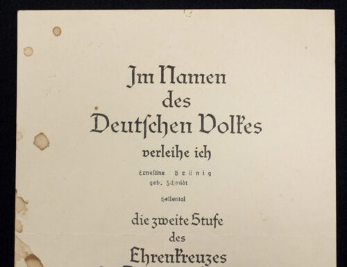 Mutterkreuz zweite Stufe Urkunde Motherscross second class citation - 1. Oktober 1939