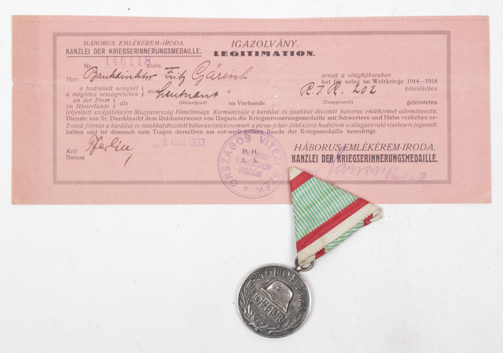 WWI Hungary commemorative medal + citation