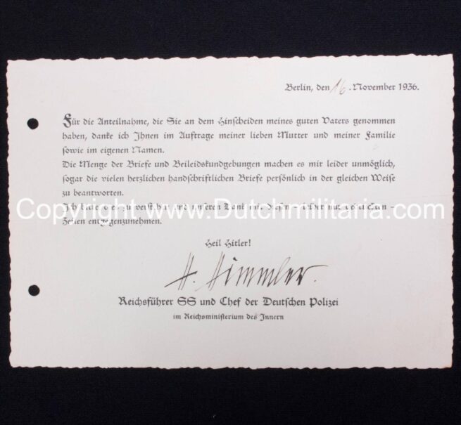 Reichsführer SS Heinrich Himmler original autograph on thanks card for sympathy because of his fathers funeral (1936) - RARE