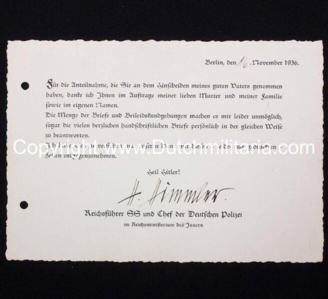 Reichsführer SS Heinrich Himmler original autograph on thanks card for sympathy because of his fathers funeral (1936) - RARE