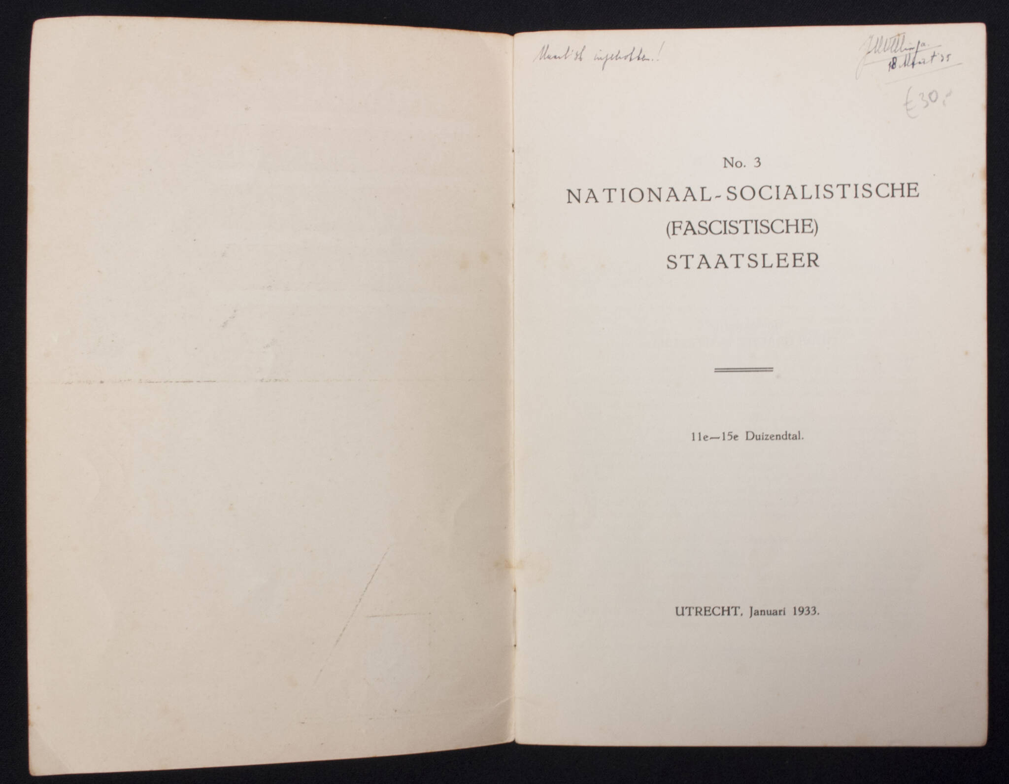 (Brochure) NSB Nationaal-Socialistische (Fascistische) Staatsleer No.3 - 11e - 15e Duizendtal