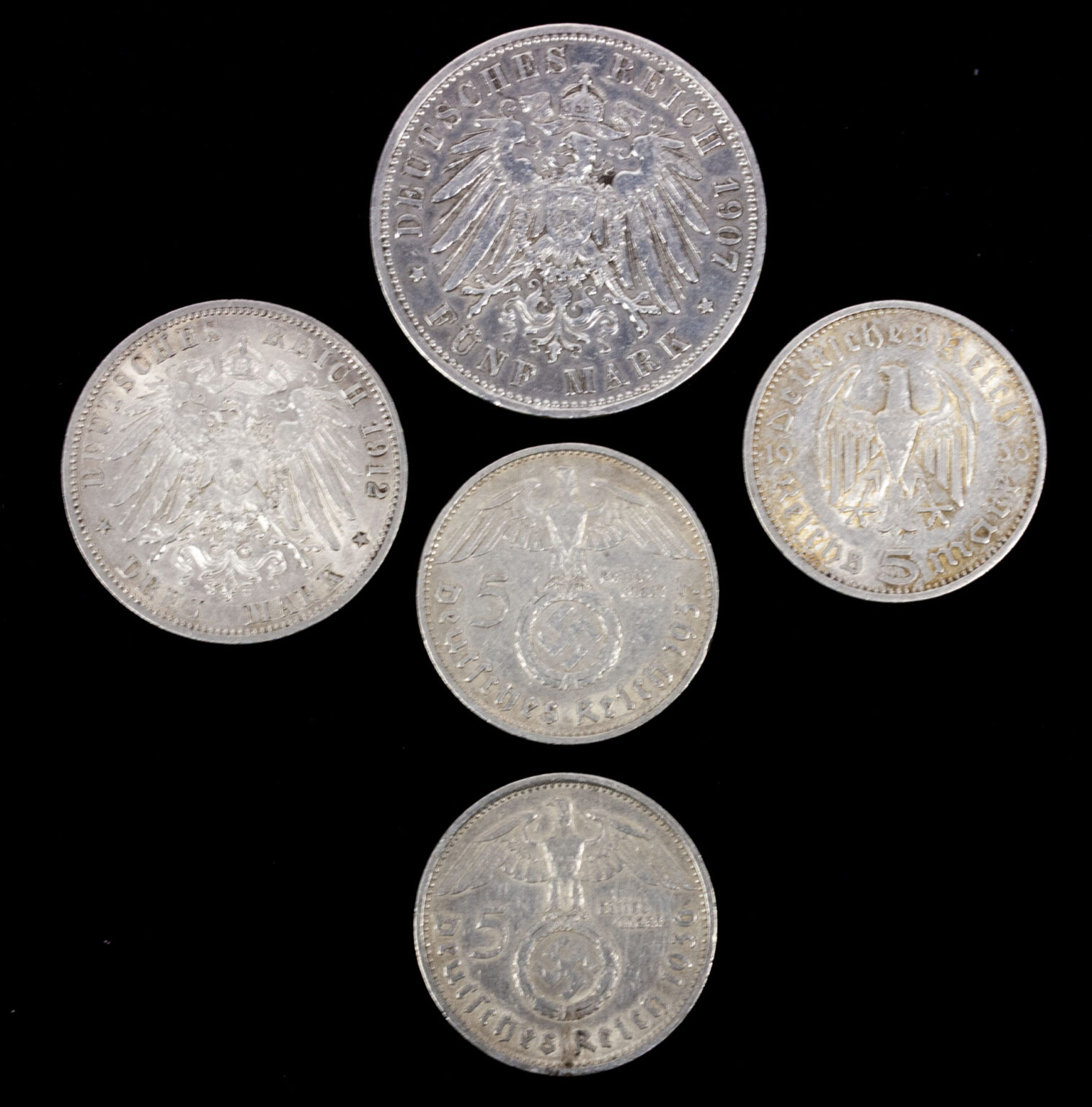 German Coin Ridges German coins: 1907, 1912, 1936, 1936, 1937