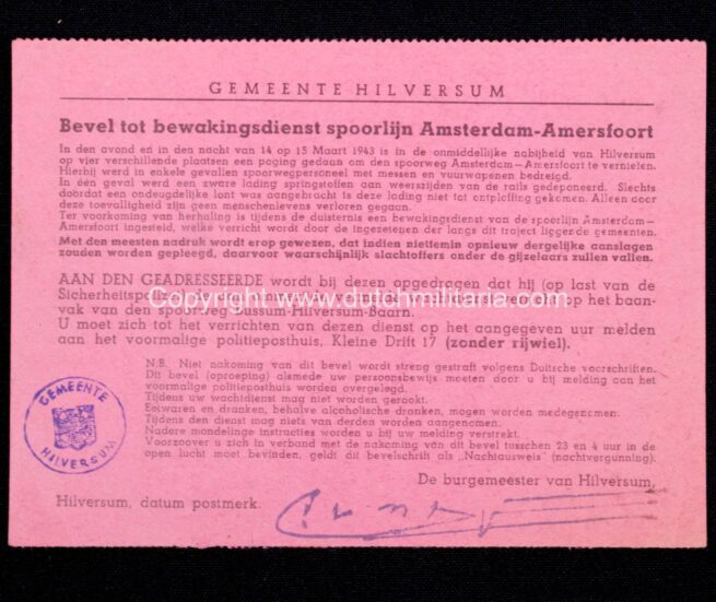 (Pass) gemeente Hilversum Bevel tot bewakingsdienst spoorlijn Amsterdam-Amersfoort (1943)