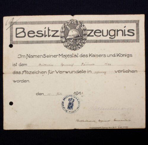 WWI Besitzzeugnis Abzeichen für Verwundete in Schwarz (1918)