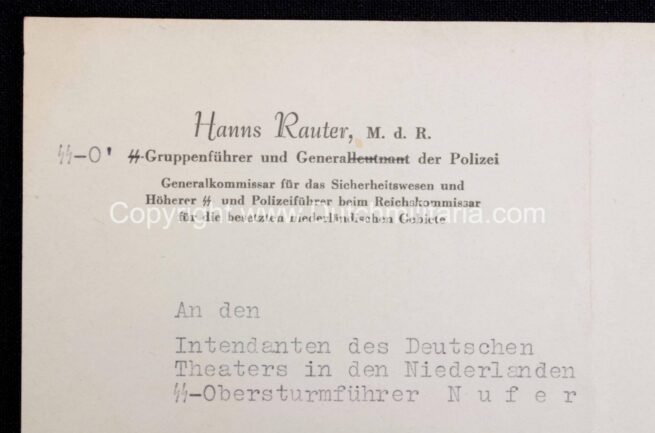 SS-Gruppenführer und General der Polizei Hanns Albin Rauter letter with signed autograph (1943)