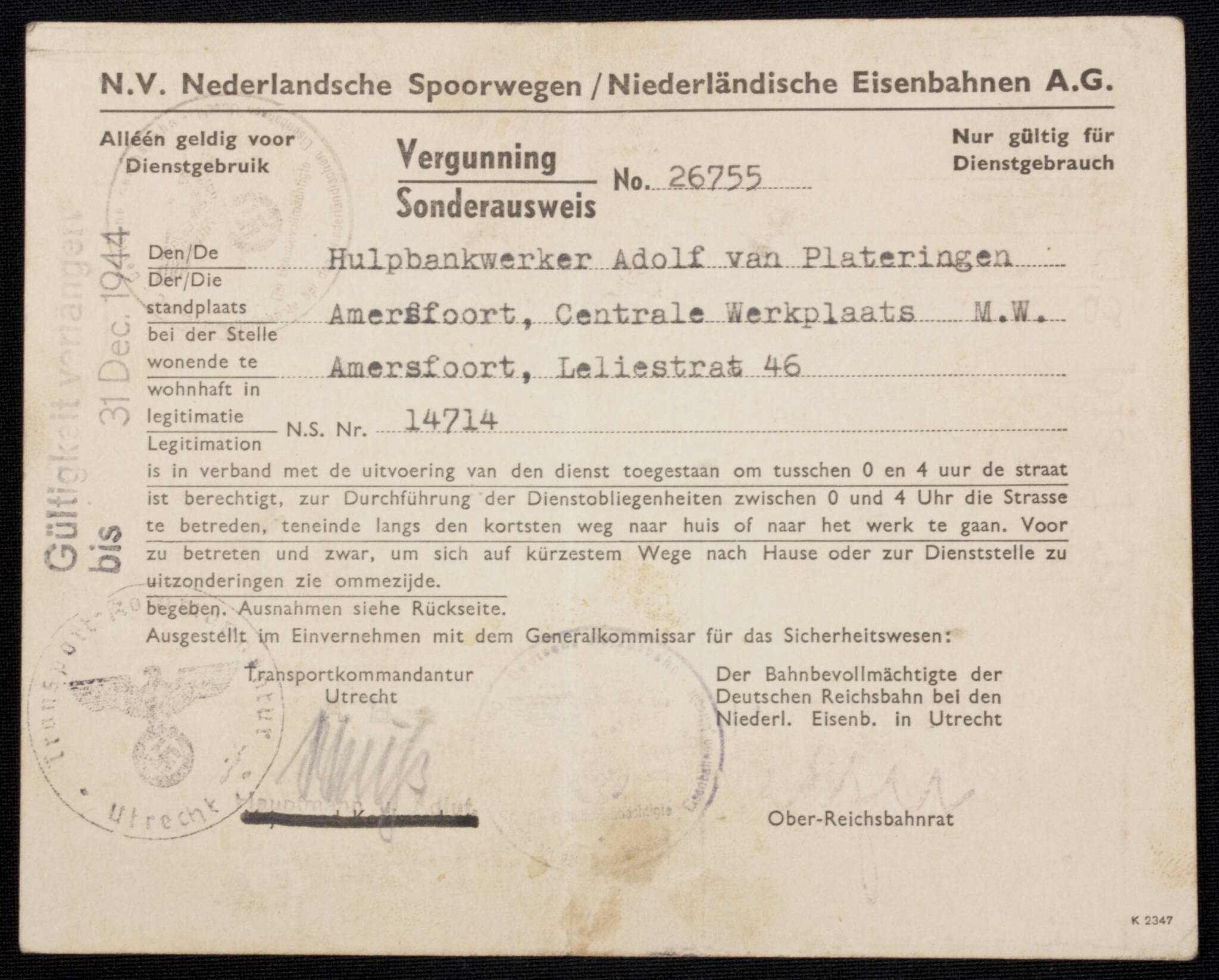 Sonderausweis N.V. Nederlandsche Spoorwegen Niederländische Eisenbahnen A.G. Amersfoort (1944)