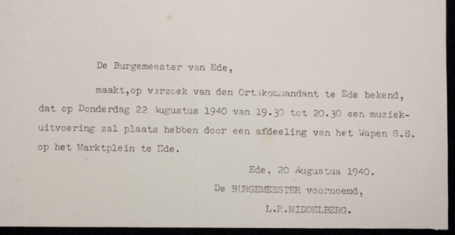Waffen-SS miniposter Bekendmaking Mayor Middelberg of Ede (1940) - Rare