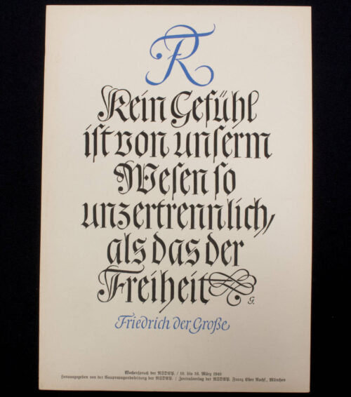 WWII German Wochenspruch (propaganda miniposter) with a saying of Friedrich der Grosse